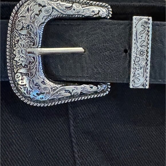 Edikted Black Denim Corset Mini Skirt S Belted Western Silver Buckles Washed - Picture 6 of 8